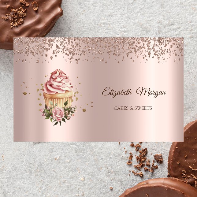Cartão De Visita Modern Elegant Rose Gold Diamonds Floral Cupcake (Criador carregado)