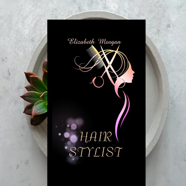 Cartão De Visita Modern Elegant Scissors Comb Hair Rose Gold (Criador carregado)