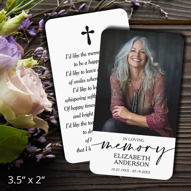 Cartão De Visita Modern Funeral Memorial Prayer Photo Card (In Loving Memory funeral memorial photo prayer cards - bookmarks, default size 3.5" x 2" )