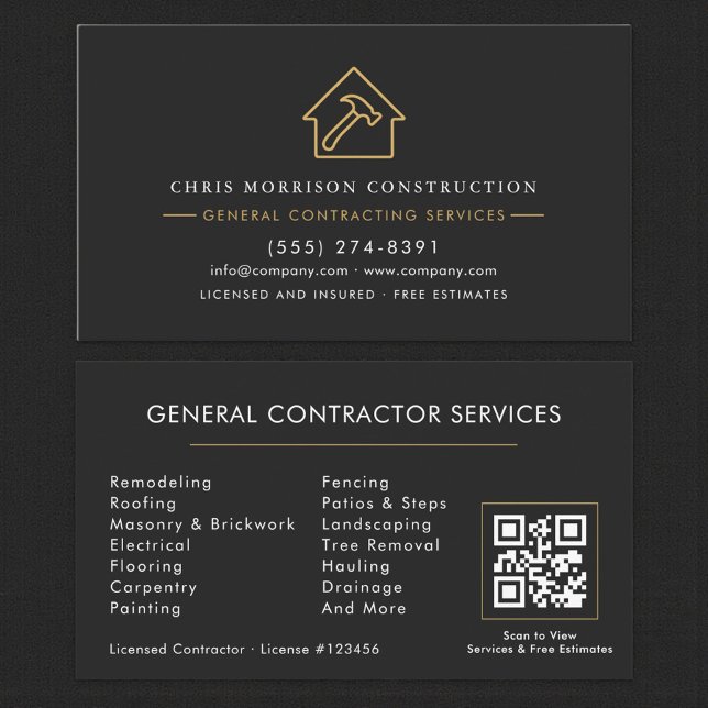 Cartão De Visita Modern General Contractor Black Gold QR Code (Criador carregado)