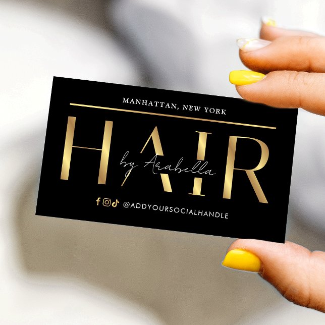 Cartão De Visita Modern Glam Black & Gold Chic Hair Stylist Salon (Black and gold modern hair salon business cards with faux gold foil effects and modern layout)