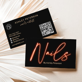 Cartão De Visita Modern glam orange neon nails script logo qr code
