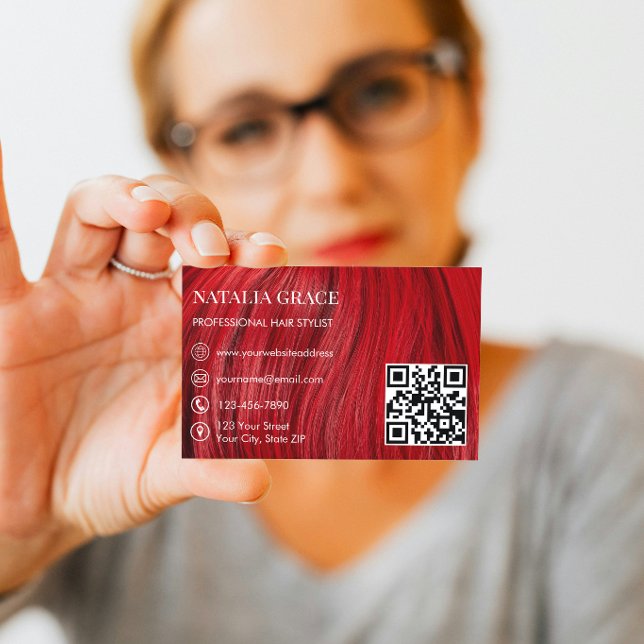 Cartão De Visita Modern Hair & Beauty Business Card in Bold Red (Criador carregado)