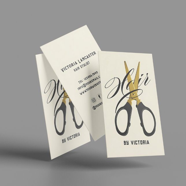 Cartão De Visita Modern Hair Stylist Gold Scissor  (Criador carregado)