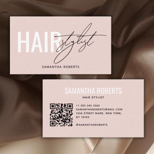 Cartão De Visita Modern hair stylist QR Code blush pink (Criador carregado)