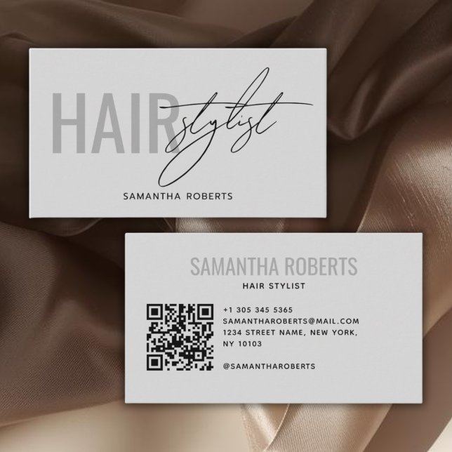 Cartão De Visita Modern hair stylist QR Code gray (Criador carregado)