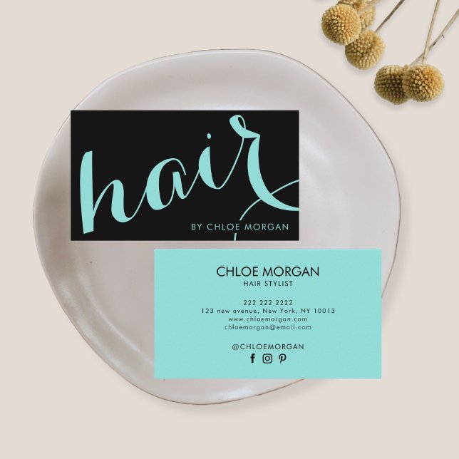 Cartão De Visita Modern hair stylist script black and blue (Criador carregado)