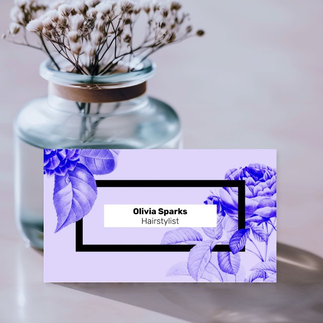 Cartão De Visita Modern Hairdresser Elegant Floral Hair Stylist (An elegant modern hair stylist business card in lavender purple and vivid blue, with vintage florals)
