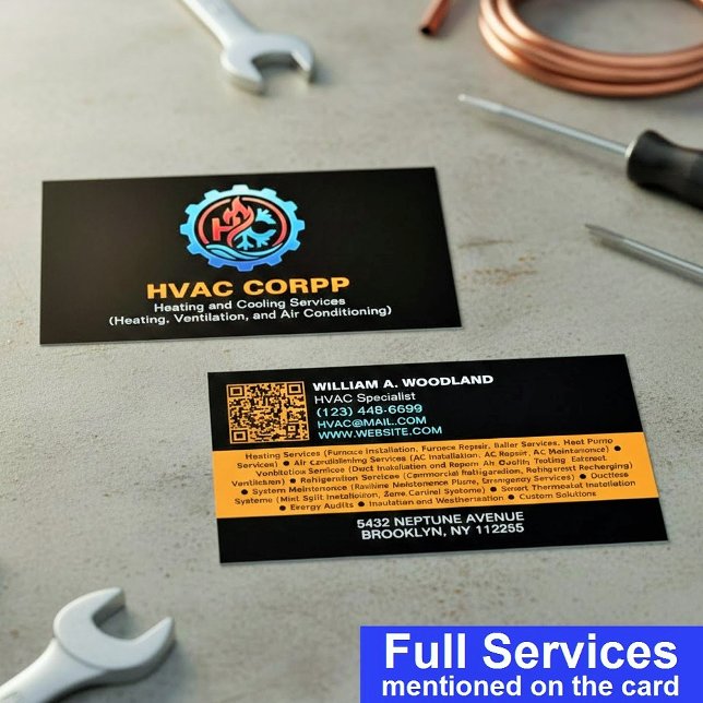 Cartão De Visita Modern Heating & Cooling Logo Services, Black HVAC (Criador carregado)