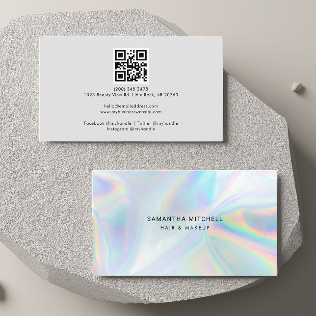 Cartão De Visita Modern Holographic Beautician Trendy (Holographic QR Code Stylist Minimalist Business Card)
