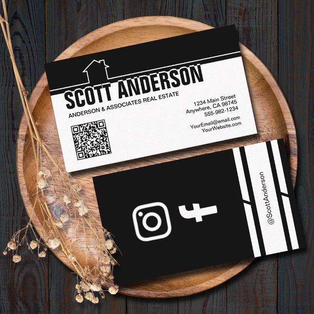 Cartão De Visita Modern Home Logo Social Media QR Code Black (Home logo QR Code social media black-white business cards - real estate, cleaning, construction)