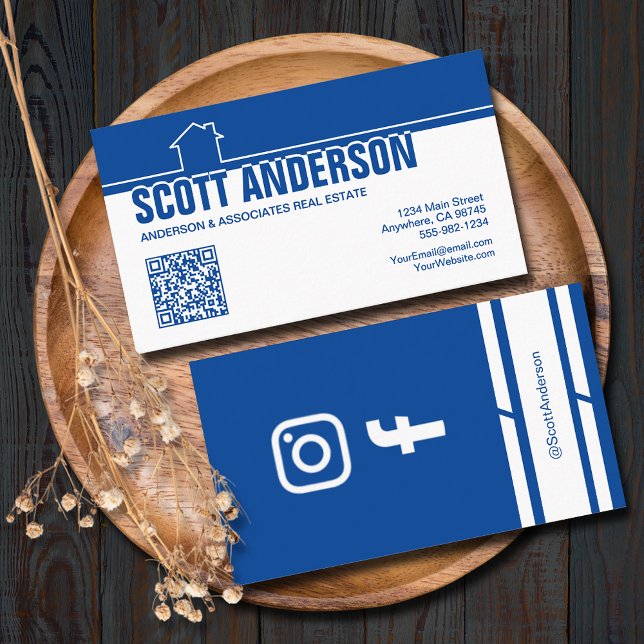 Cartão De Visita Modern Home Logo Social Media QR Code Blue (Home logo QR Code social media blue-white business cards - real estate, cleaning, construction)