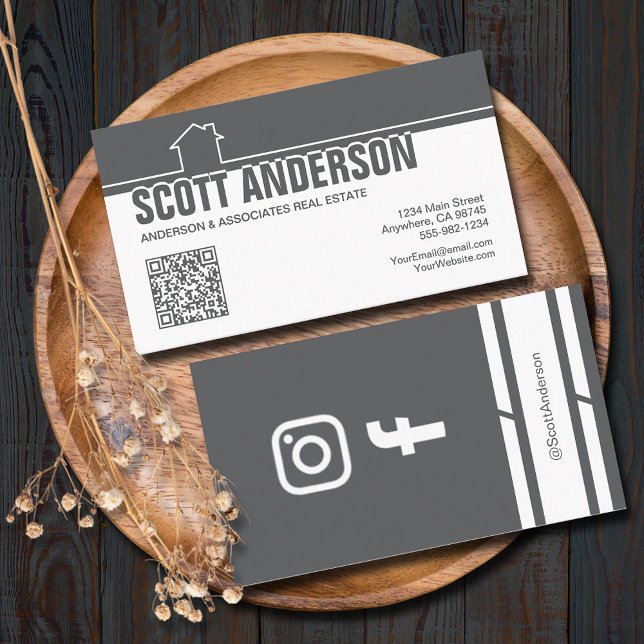Cartão De Visita Modern Home Logo Social Media QR Code Grey (Home logo QR Code social media grey-white business cards - real estate, cleaning, construction)