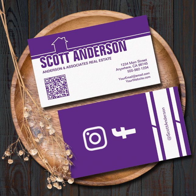 Cartão De Visita Modern Home Logo Social Media QR Code Purple (Home logo QR Code social media purple-white business cards - real estate, cleaning, construction)