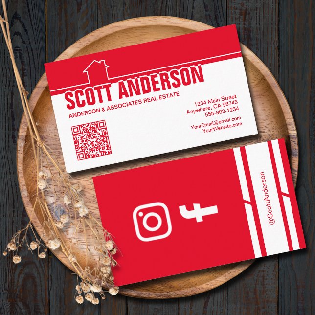 Cartão De Visita Modern Home Logo Social Media QR Code Red (Home logo QR Code social media red-white business cards - real estate, cleaning, construction)