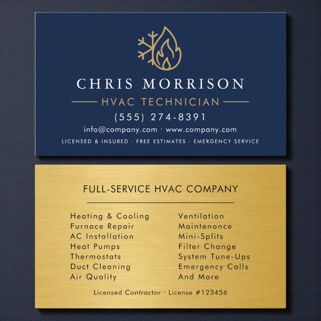 Cartão De Visita Modern HVAC Navy Blue Gold Logo (Criador carregado)