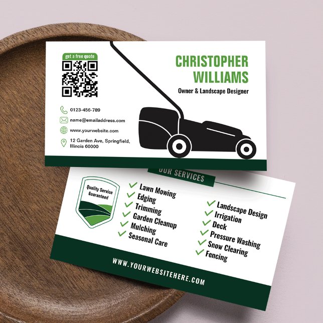 Cartão De Visita Modern Landscaping Lawn Mowing White Green QR Code (Modern Landscaping Lawn Mowing White Green QR Code Business Card)