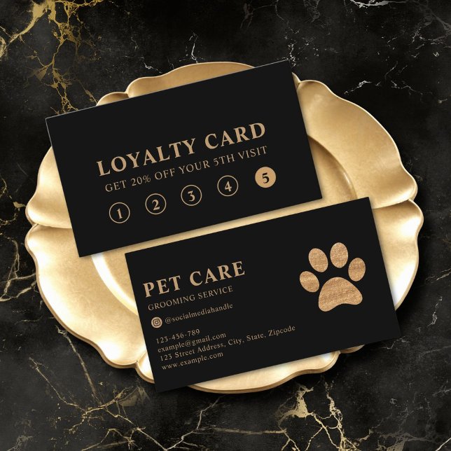 Cartão De Visita Modern Luxury Black Gold Pet Paw Loyalty Card (professional premium black gold modern pet grooming service loyalty card)