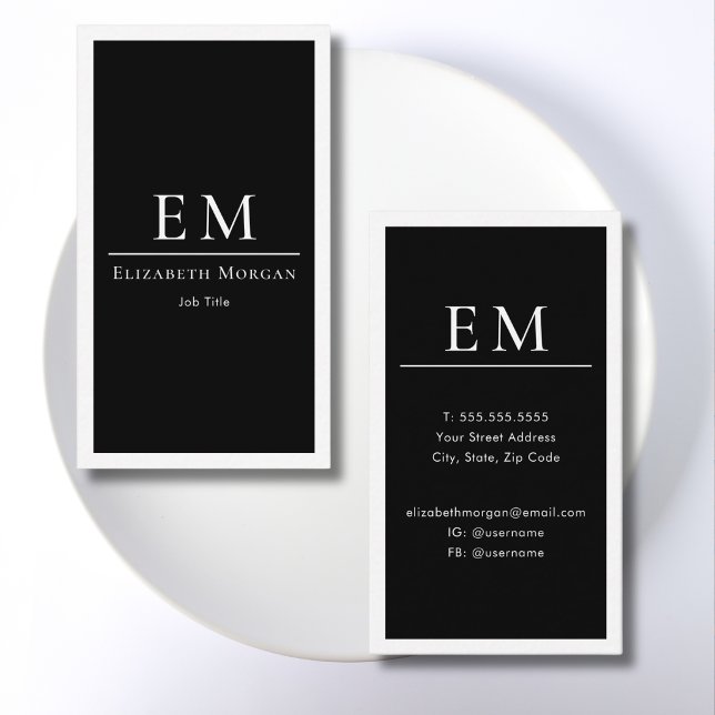 Cartão De Visita Modern Minimal Black White Monogram Vertical  (Criador carregado)
