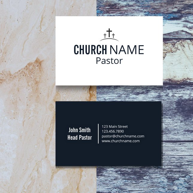Cartão De Visita Modern Minimal Church Pastor Three Cross  (Modern Minimal Church Pastor Three Cross Navy Business Card)