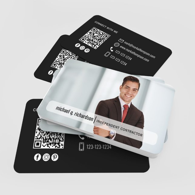 Cartão De Visita Modern Minimal QR Code Photo Profile Card (Modern black QR code photo cards scattered with clean minimal contact design)