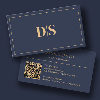 Cartão De Visita Modern Minimalist Dark Blue Initials QR Code