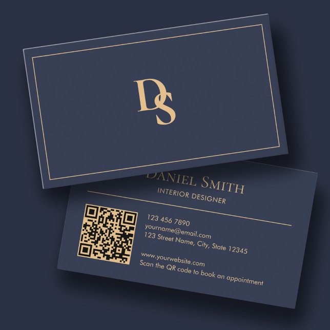 Cartão De Visita Modern Minimalist Dark Blue Initials QR Code (Modern Minimalist Dark Blue Initials QR Code Business Card)