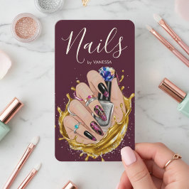 Cartão De Visita Modern Nail Art Studio Burgundy Manicurist Artist