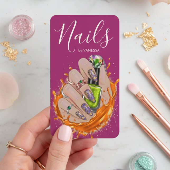 Cartão De Visita Modern Nail Art Studio Manicurist Artist Hot Pink (Criador carregado)