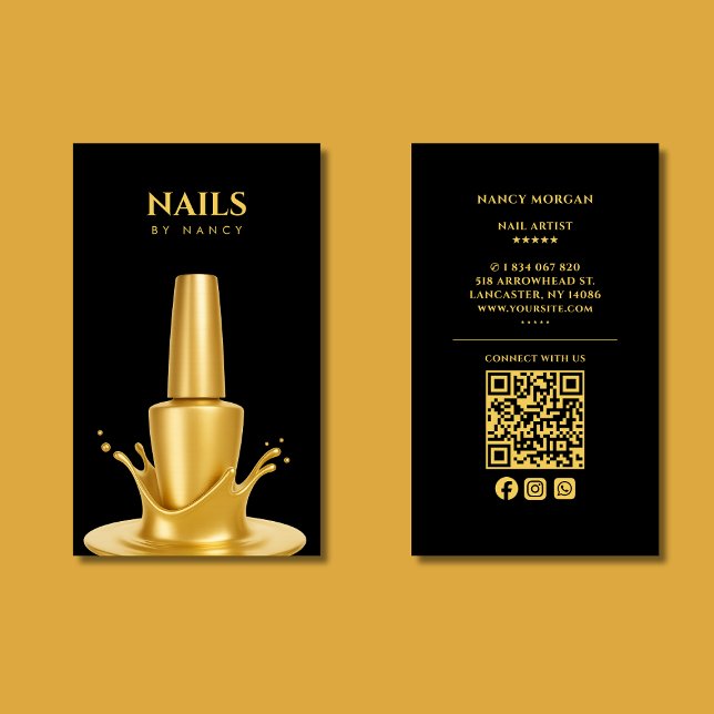 Cartão De Visita Modern Nail salon QR Code Black And Gold (Criador carregado)