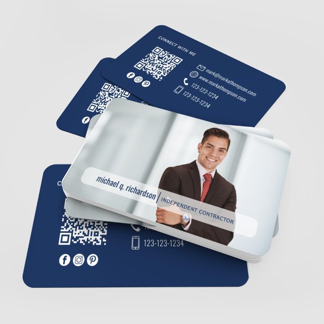 Cartão De Visita Modern Navy Blue QR Code Photo Networking (Navy blue modern photo business card with QR code and clean white contact details)