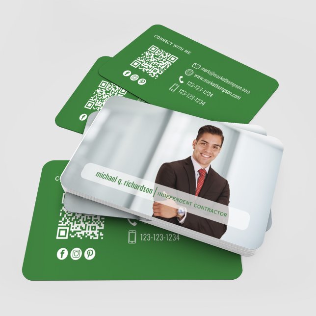 Cartão De Visita Modern Olive Green QR Code Photo Networking Card (Modern green QR code card with clean white contact details and social icons)