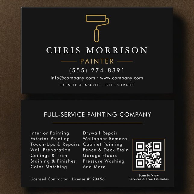 Cartão De Visita Modern Painter Black Gold QR Code (Criador carregado)