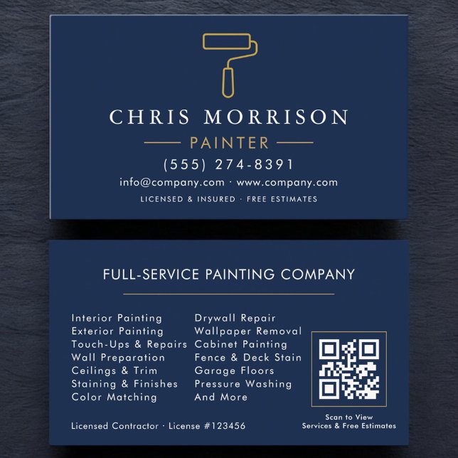 Cartão De Visita Modern Painter Navy Blue Gold QR Code (Criador carregado)