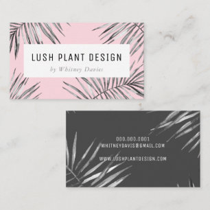 Cartão De Visita MODERN PALM LEAF lush cinza preto botânico rosa