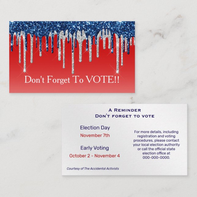 Cartão De Visita Modern Patriotic Glitter Drip Vote Reminder (Frente/Verso)