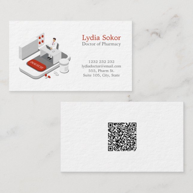 Cartão De Visita Modern Pharmacy Doctor Business Card with QR Code (Frente/Verso)