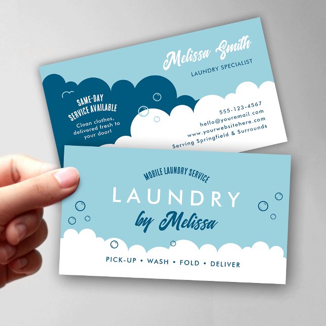 Cartão De Visita Modern Pick-Up Laundry Service Blue & White (Modern white and blue mobile laundry services and laundromats business cards)