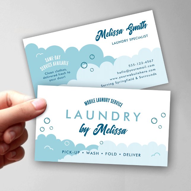 Cartão De Visita Modern Pick-Up Laundry Service Blue & White (Modern white and blue pick-up laundry services and laundromats business cards)