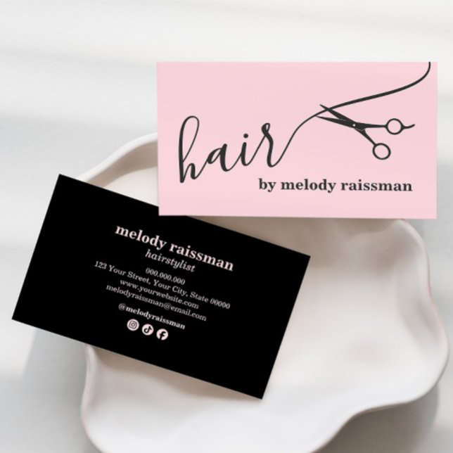 Cartão De Visita Modern Pink Black Hairstylist Script Business Card (Criador carregado)