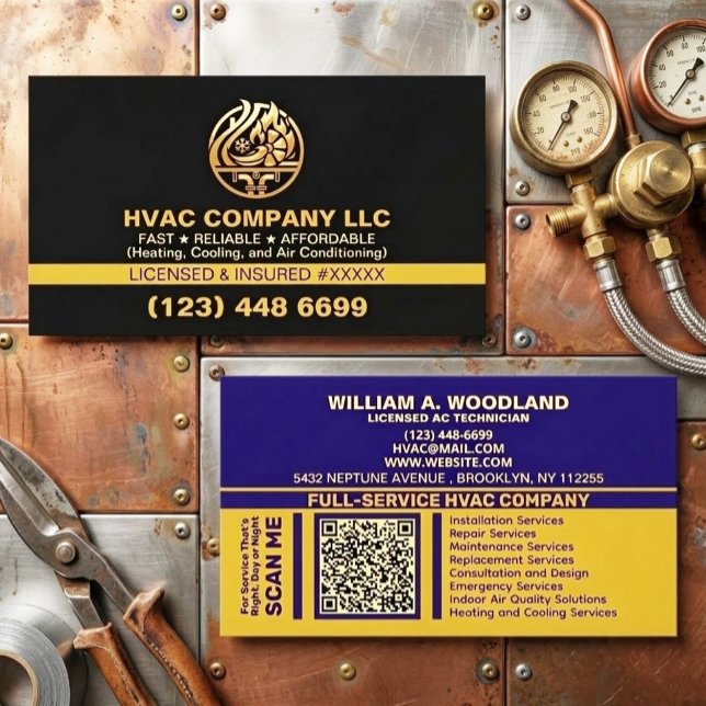 Cartão De Visita Modern Professional AC HVAC Company Logo & License (hvac business card, heating and cooling, luxury branding, air conditioning, hvac logo design qr code)