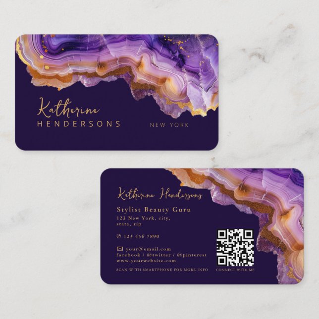 Cartão De Visita Modern Purple Agate & gold glitter marble QR Code (Frente/Verso)