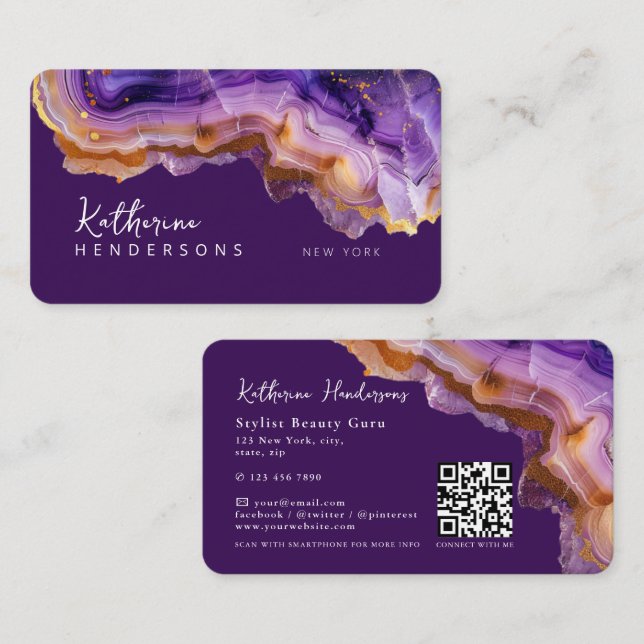 Cartão De Visita Modern Purple Agate & gold glitter marble QR Code (Frente/Verso)