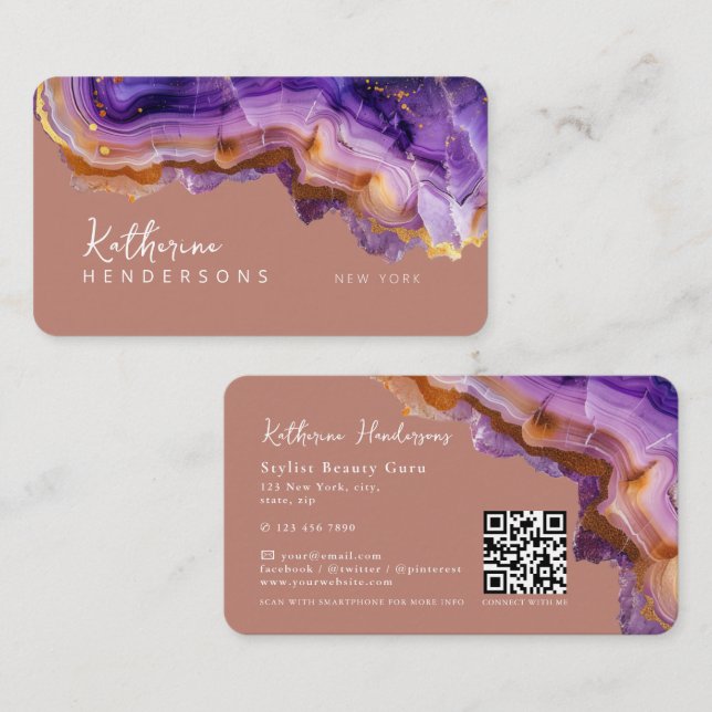 Cartão De Visita Modern Purple Agate & gold glitter marble QR Code (Frente/Verso)