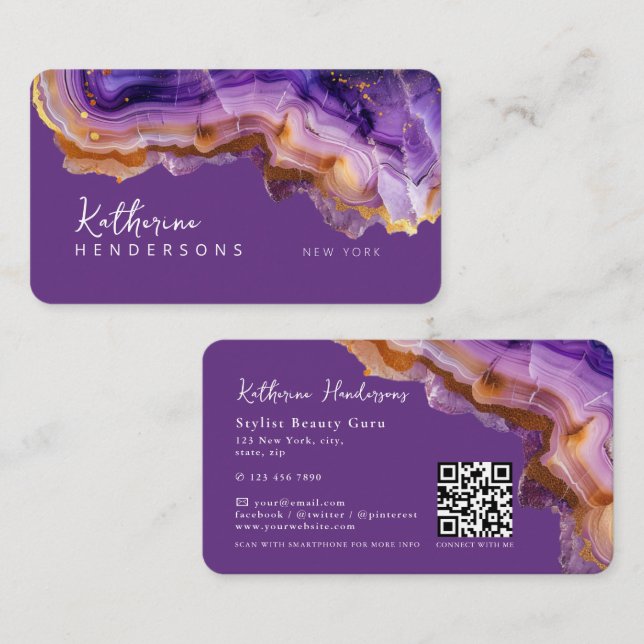 Cartão De Visita Modern Purple Agate & gold glitter marble QR Code (Frente/Verso)
