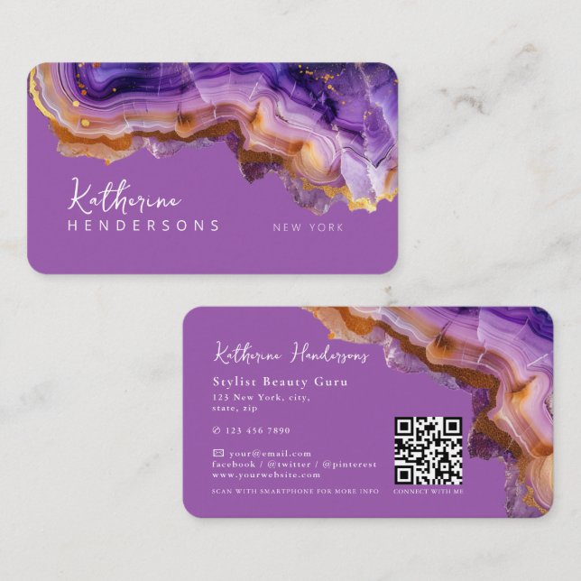 Cartão De Visita Modern Purple Agate & gold glitter marble QR Code (Frente/Verso)