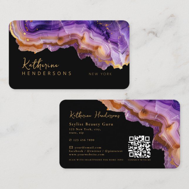Cartão De Visita Modern Purple Agate & gold glitter marble QR Code (Frente/Verso)