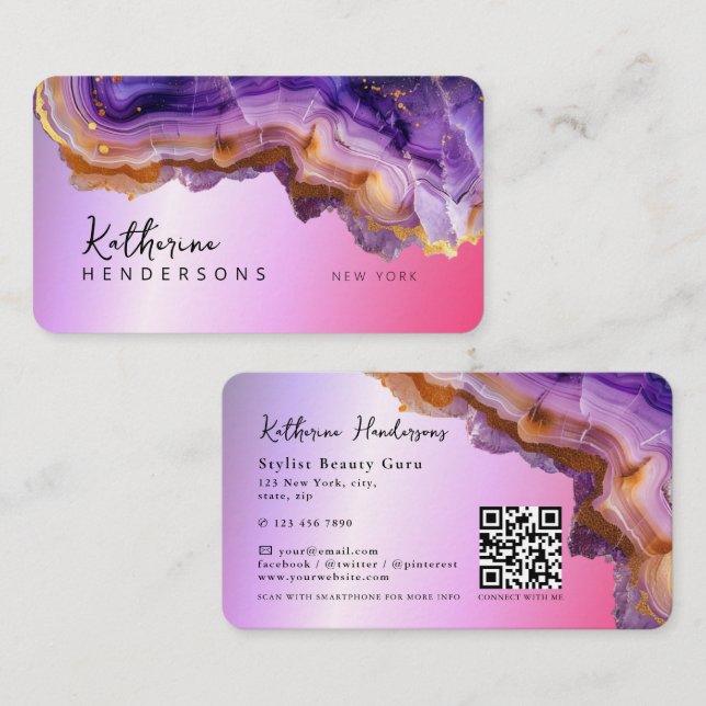 Cartão De Visita Modern Purple Agate & gold glitter marble QR Code (Frente/Verso)