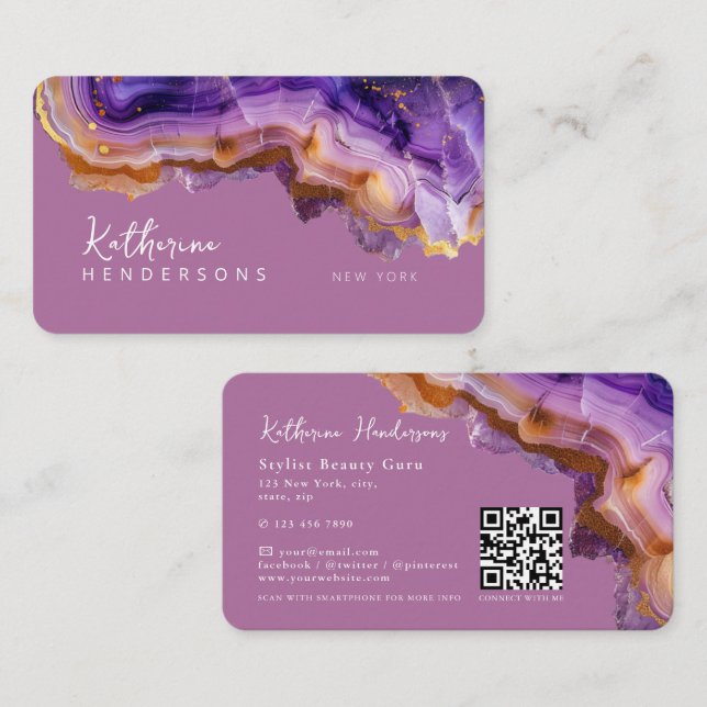 Cartão De Visita Modern Purple Agate & gold glitter marble QR Code (Frente/Verso)