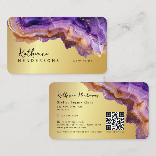 Cartão De Visita Modern Purple Agate & gold glitter marble QR Code (Frente/Verso)